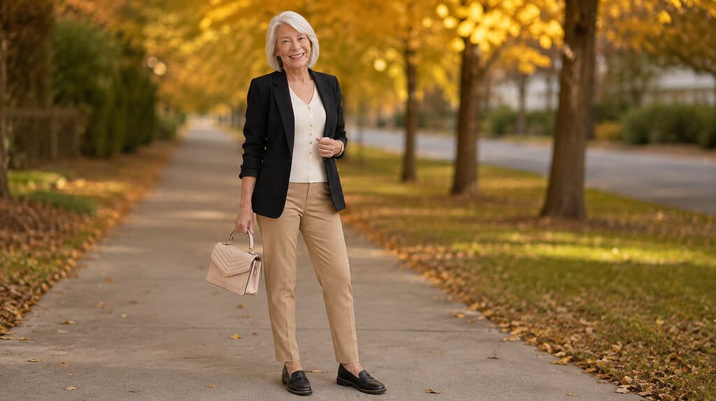 Confident older woman wearing a black blazer, ivory button-front top, tan ankle pants, black loafers, and blush handbag for fall.