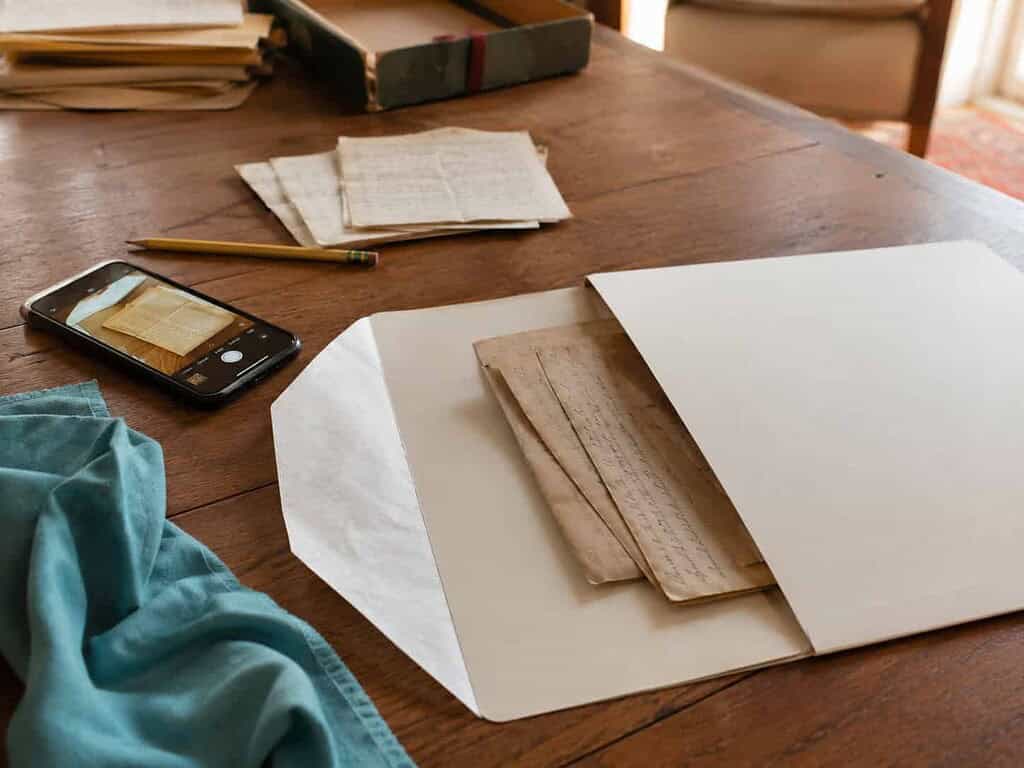 Old handwritten letters being placed into an acid-free archival folder beside a phone used to photograph them