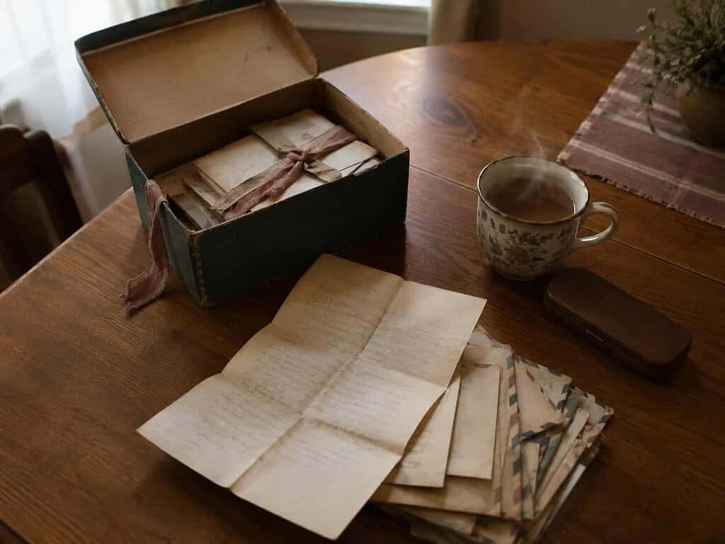 An open box of old letters on a table with a cup of tea and one handwritten letter unfolded, being read slowly