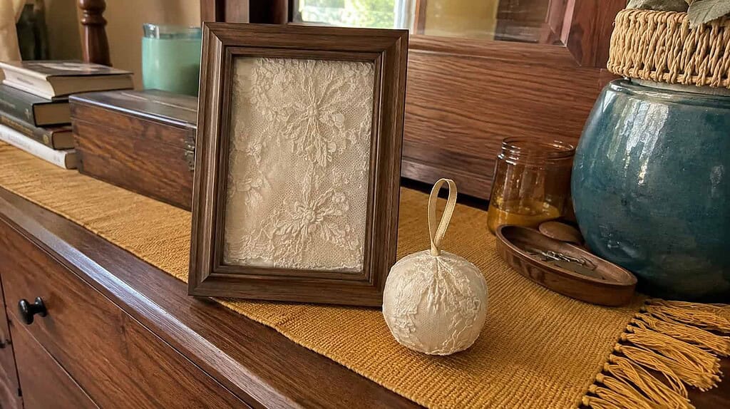 A framed piece of ivory old wedding dress lace and a small matching keepsake ornament on a wooden dresser