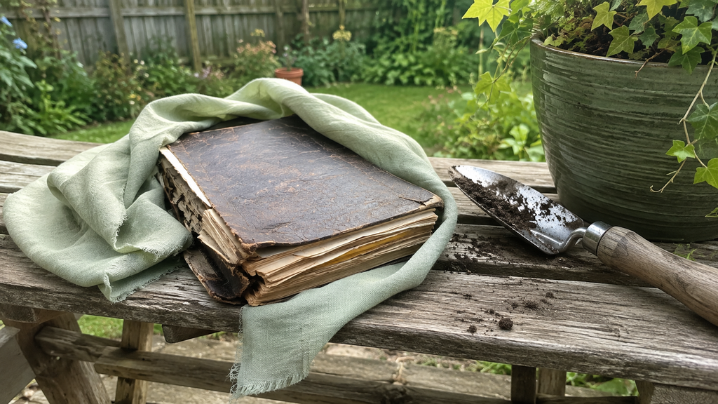 A very worn old Bible partly wrapped in cloth resting on a wooden bench in a quiet backyard garden