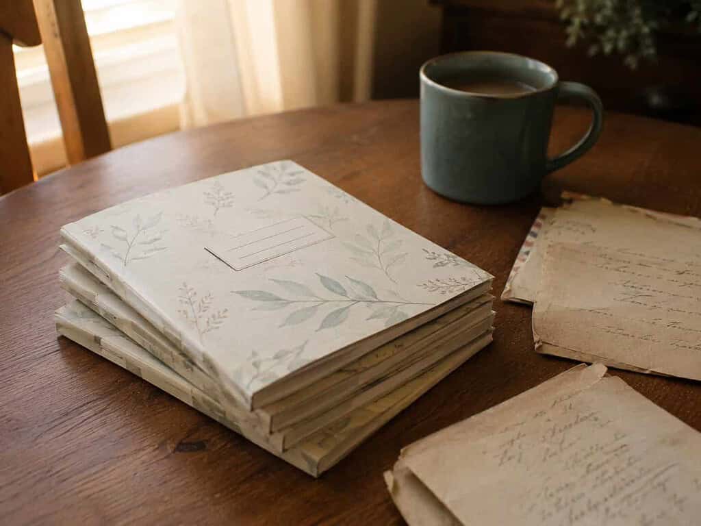 Three small printed booklets of a loved one's letters stacked on a table, made to share with family members
