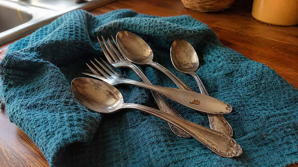 A few worn silver-plated forks and spoons with dull spots resting on a teal dish towel