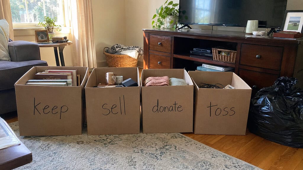 Four cardboard boxes on a living room floor labeled keep, sell, donate, and toss, with household items sorted into them and a trash bag nearby