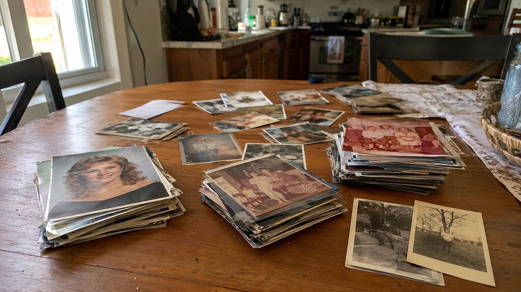 Old family photographs sorted into several rough piles across a kitchen table, with stacks of portraits, blurry prints, and grouped duplicates