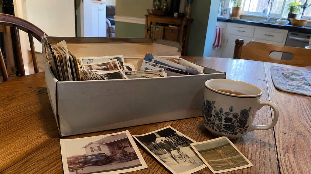 One open box of old family photos on a kitchen table with a warm mug of tea beside it and a few prints spread out in soft morning light