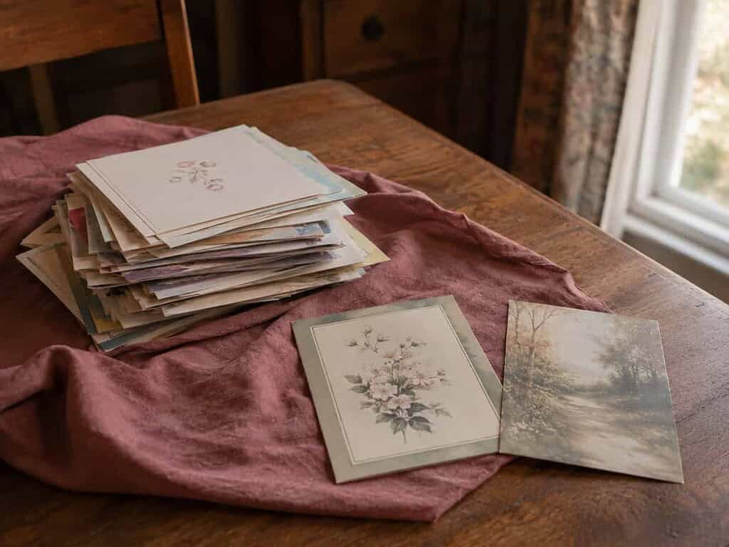 A soft pile of sympathy cards on a table with two set apart as keepsakes to save