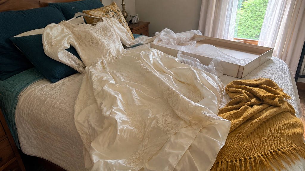 An ivory old wedding dress lifted out of its box and laid across a bed next to the empty storage box and tissue paper
