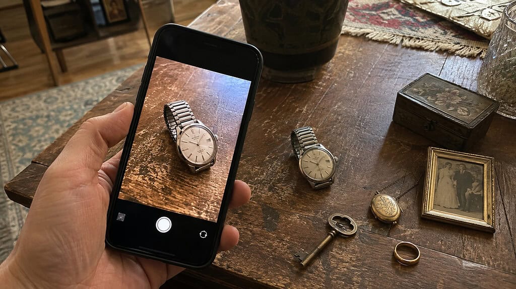 A hand holding a phone showing a photo of a man's wristwatch resting on a table beside the actual watch and a few small heirlooms