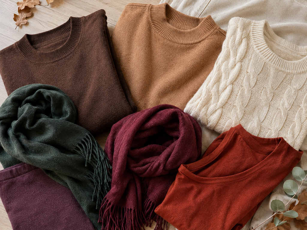 An overhead flat-lay of folded fall knits and scarves in chocolate, camel, cream, rust, bottle green, burgundy, and plum on a warm neutral surface.