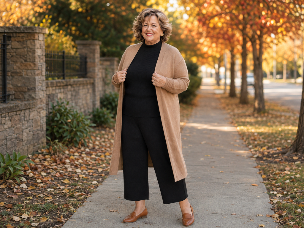 A plus-size woman in her 60s smiling outdoors in a black knit two-piece set under a long camel duster cardigan with cognac loafers.