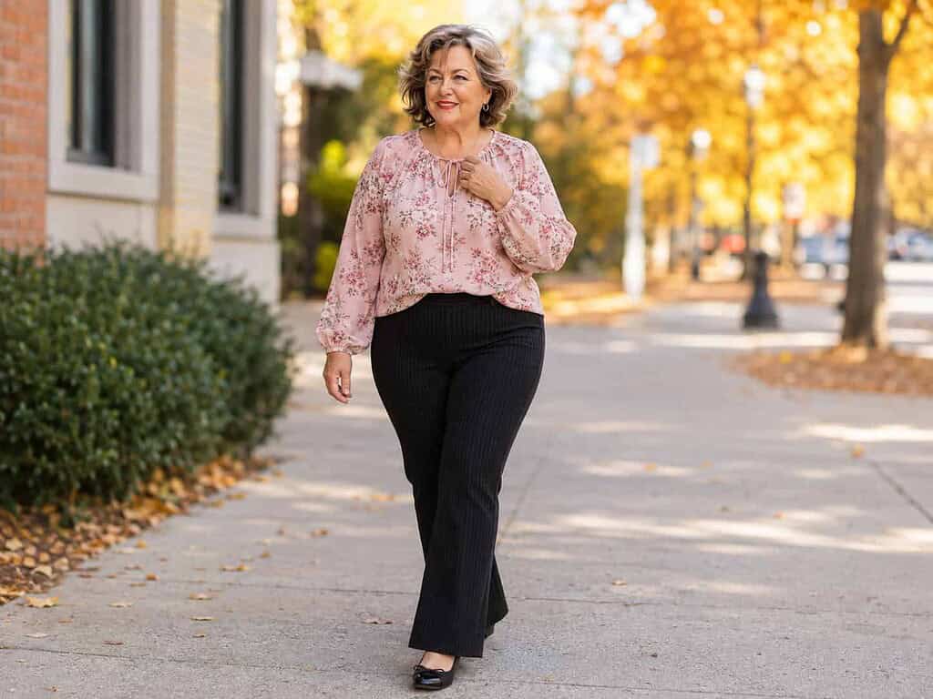 A plus-size woman in her 60s walking and smiling outdoors in a blush floral tie-neck blouse, black pinstripe ponte pants, and black ballet flats.