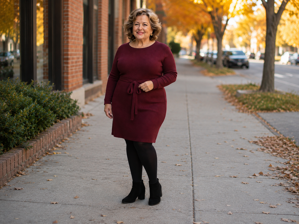A plus-size woman in her 60s smiling outdoors in a burgundy long-sleeve sweater dress with a tie belt, black tights, and black ankle boots.