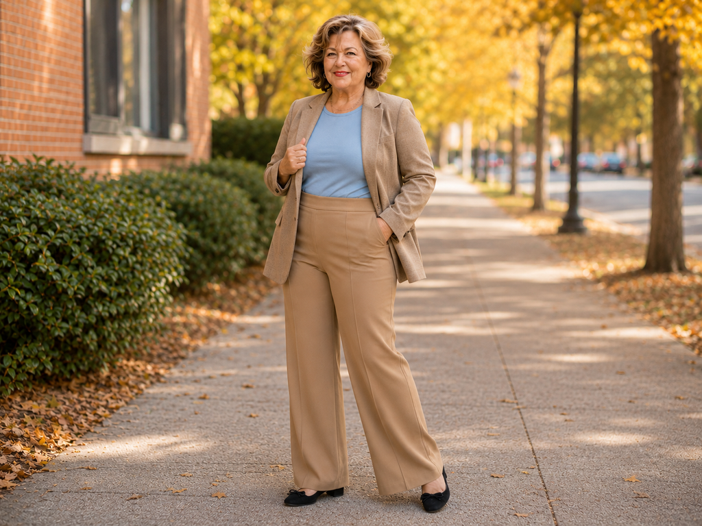 A plus-size woman in her 60s smiling outdoors in a powder-blue knit top, grey blazer, camel wide-leg trousers, and black low-heel flats.