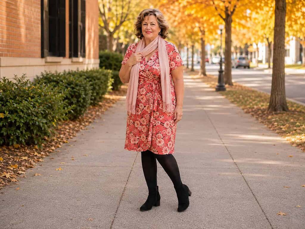 A plus-size woman in her 60s smiling outdoors in a coral floral wrap dress with a blush scarf, black tights, and black ankle boots.