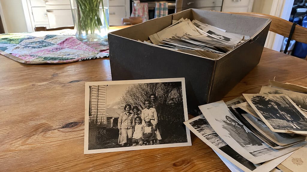 A single faded black-and-white vintage family photograph resting on a wooden kitchen table with an open shoebox of old prints behind it