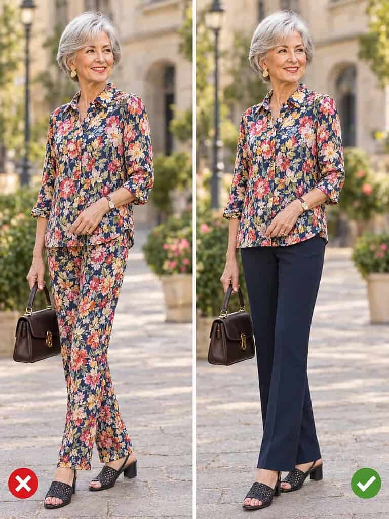 Side-by-side comparison of a woman in her seventies: on the left a head-to-toe busy floral print, on the right the printed blouse with plain navy trousers.