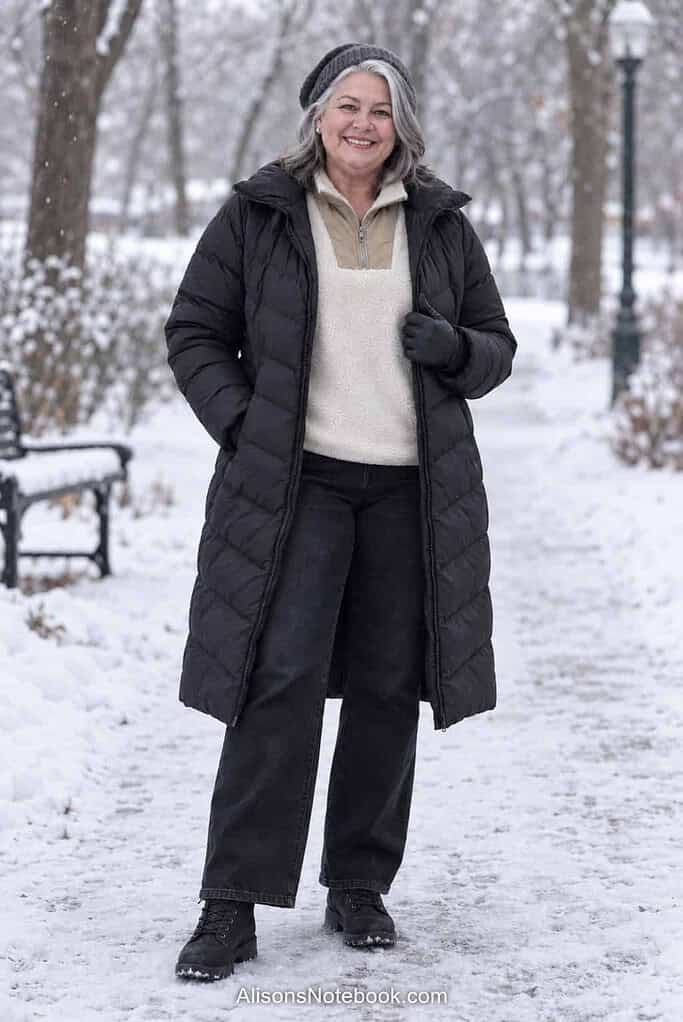 Woman in her fifties with silver hair in a charcoal beanie and black gloves wearing a cream fleece quarter-zip, black jeans, and an open long black puffer coat with black lace-up boots, standing on a snowy path.