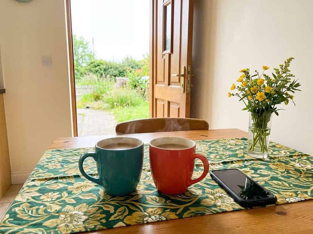 Two colorful coffee mugs set together on a table with an open door letting in light, the real company we're looking for