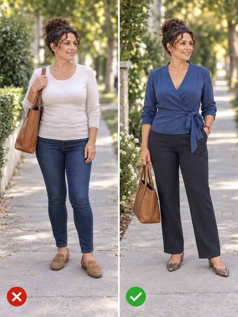 Side-by-side comparison of a woman in her fifties on the left a clingy knit top with skinny jeans, on the right a blue wrap top with charcoal straight-leg trousers.