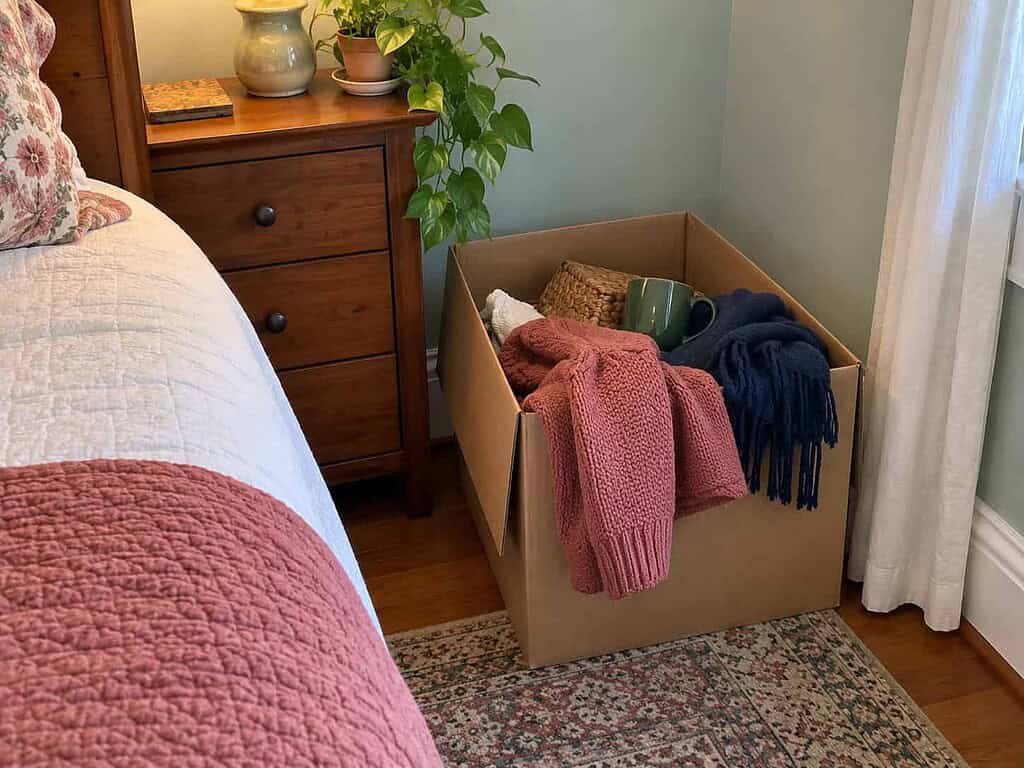 An always-open donation box in a bedroom corner with a sweater dropped in, the quiet ongoing habit of slow decluttering