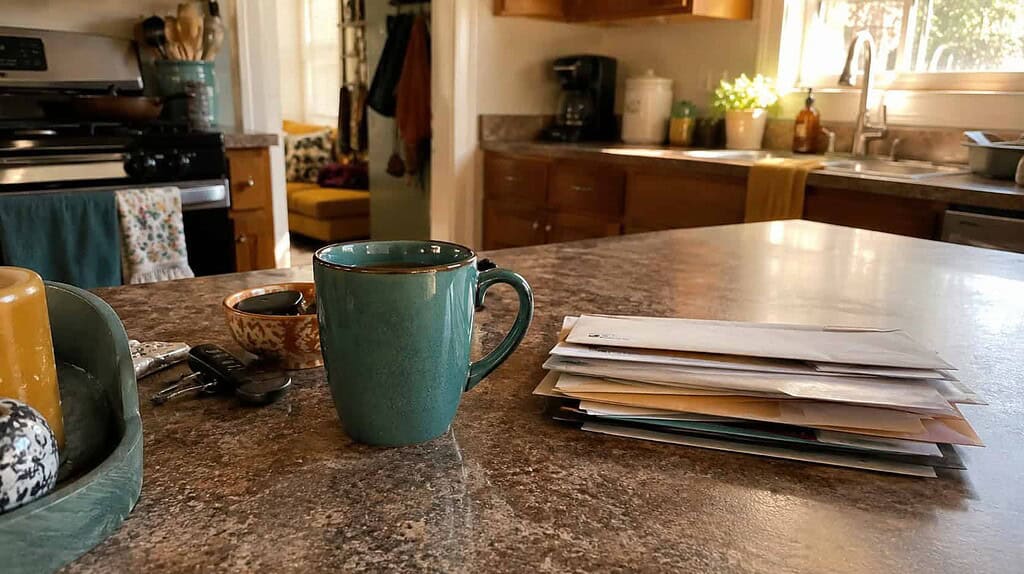 A single teal coffee mug and a small stack of mail on a kitchen counter, the smallest things that count when micro decluttering