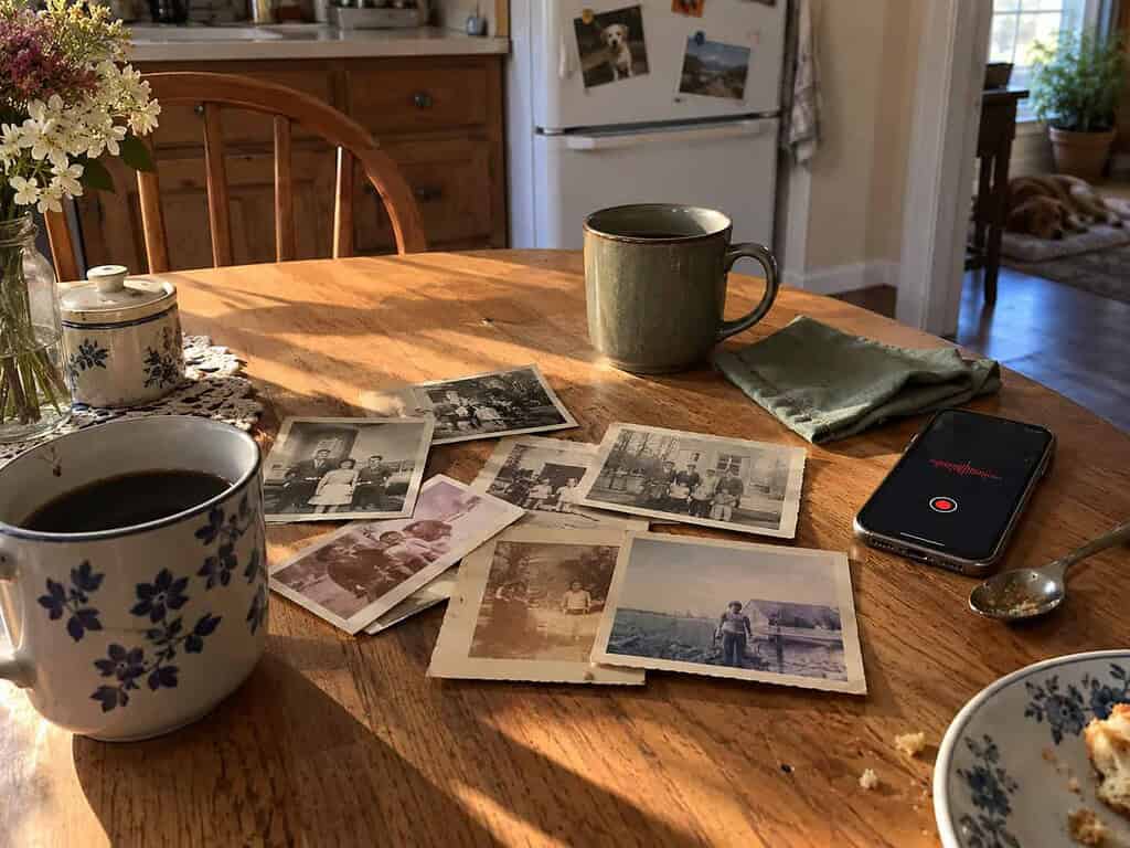 A kitchen table with two coffee mugs, a spread of old family photos, and a phone recording, set up to ask relatives about the pictures