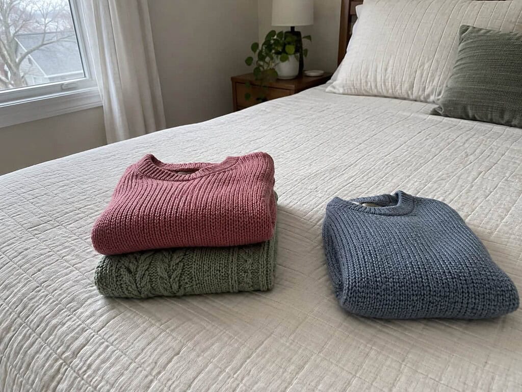 A few folded sweaters on a bed during the seasonal swap, decluttering the bedroom closet gently