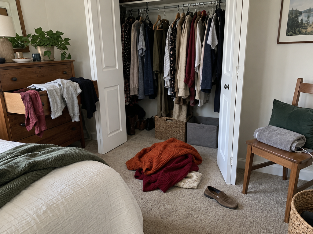 A half-started closet with a heating pad resting on a nearby chair, the reality of decluttering when your body won't cooperate