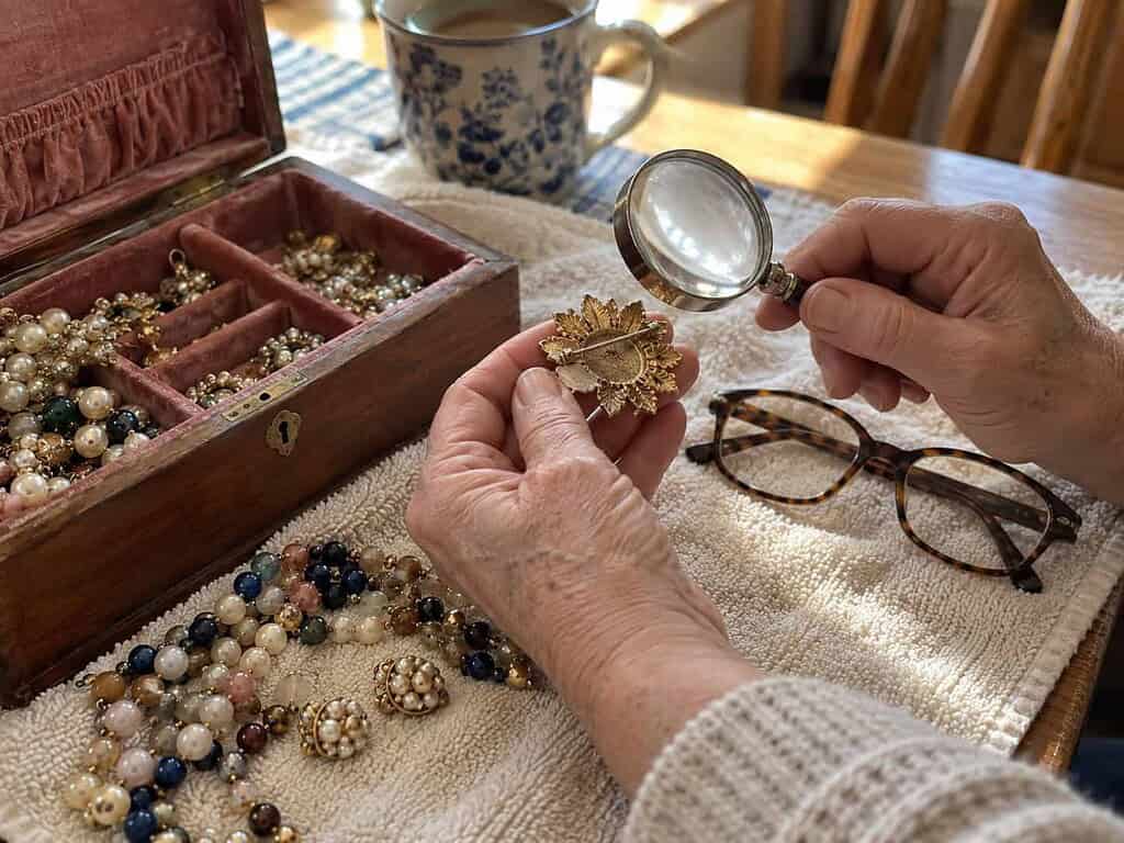 A woman's hands holding a magnifying glass over the back of a gold-colored brooch, with reading glasses on the towel below.