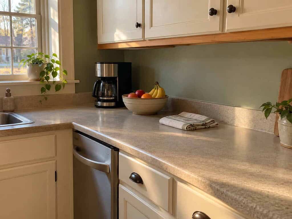 A clear kitchen counter holding only a coffee maker and a bowl of fruit, with open space all around