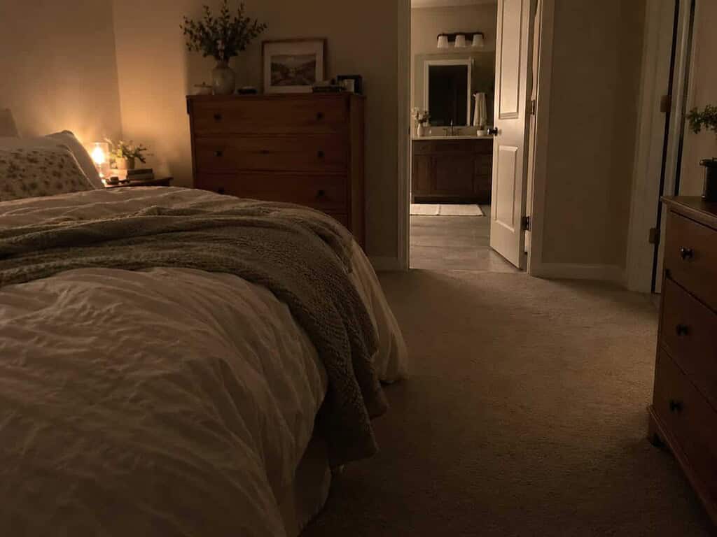 A dim bedroom at night with a soft night light showing a clear path from the bed to the bathroom door