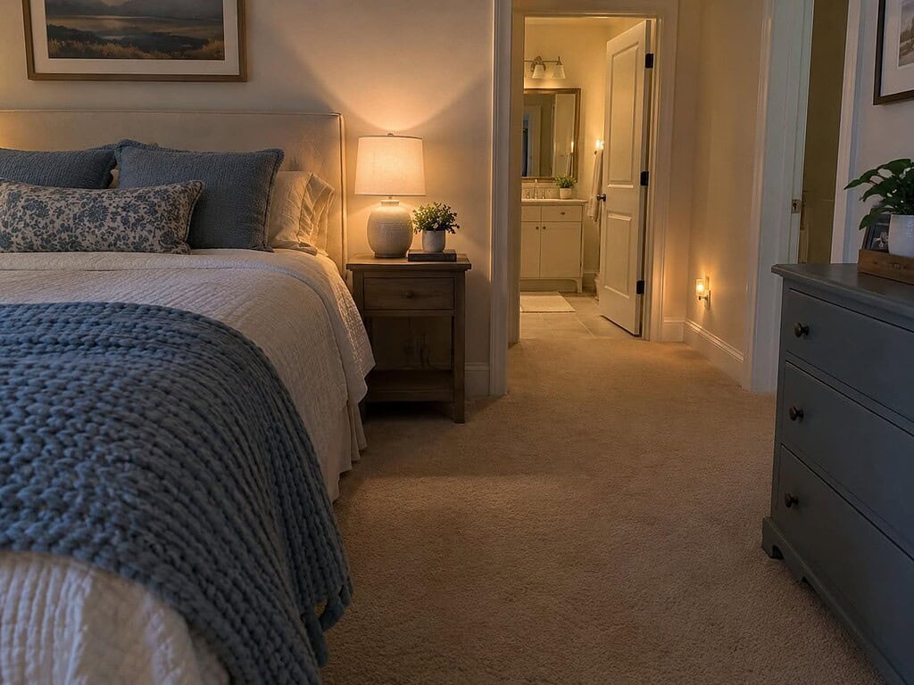 A bedroom with a clear floor path from the bed to the bathroom door and a small night light near the doorway
