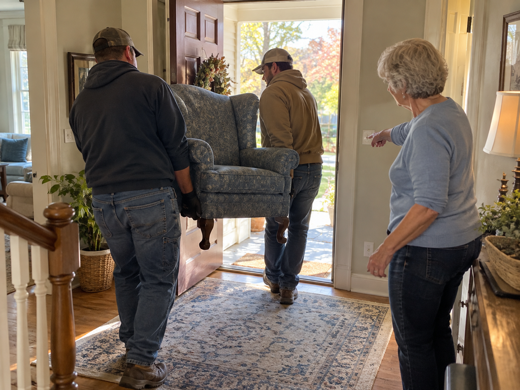 Two workers carrying an old armchair out the front door while a woman in her 60s points to the next item