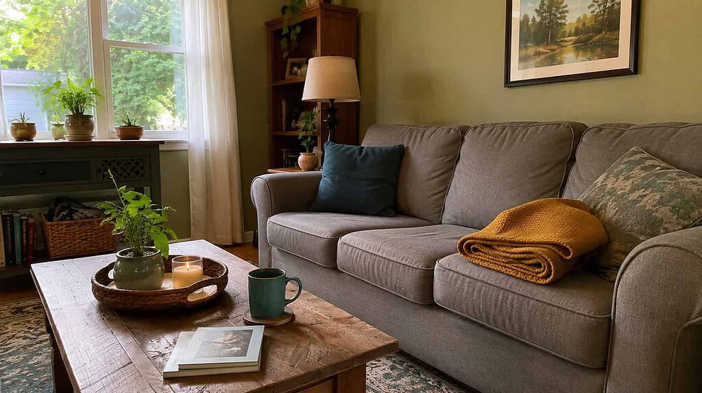 A calmer but still lived-in living room with a folded mustard throw and a couple of items left out, showing decluttering doesn't have to be perfect