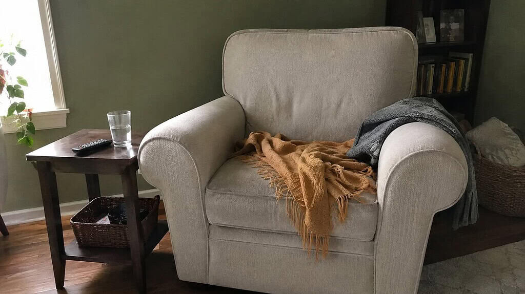 An armchair with a side table within arm's reach holding a glass, remote, and sweater, showing how to declutter five things from your chair
