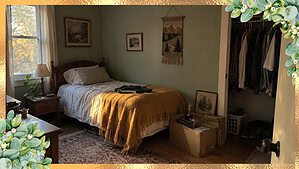 A grown child's old bedroom with a twin bed, a half-full closet, and boxes on the floor, the kind of room you face when decluttering after 50
