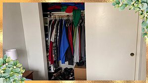 A cluttered bedroom closet with the door half open, the overwhelming kind of mess behind decluttering paralysis