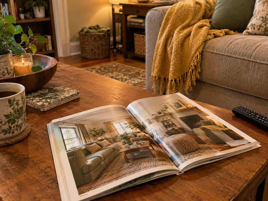 An open home-decor magazine showing a styled room, lying on a coffee table in a cozy real lived-in living room
