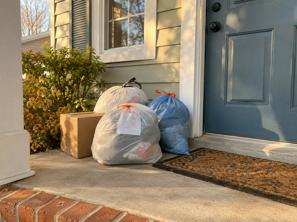 A few tied donation bags and a small box set on the front porch, ready for a charity to pick up
