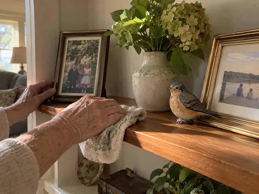 An older woman's hands dusting a shelf holding only a few family photos, a vase, and a small painted bird