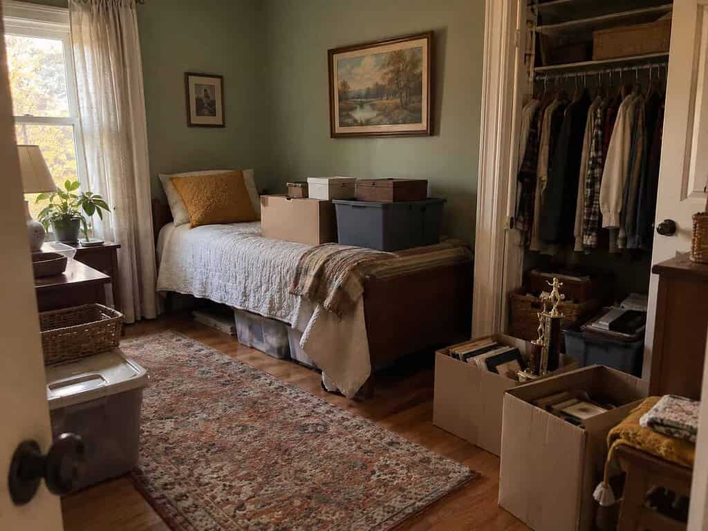 A quiet spare bedroom used for storage, with boxes on a bare twin bed and a closet packed with unworn clothes