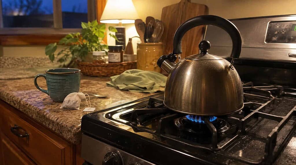 A kettle on the stove with a teal mug and tea bag set out on the counter, an everyday moment to tie the five things decluttering habit to