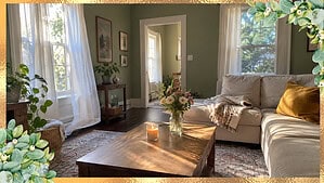 A cozy living room mid-reset with open windows, a lit candle, and fresh flowers on a clear coffee table, an everything shower for the house