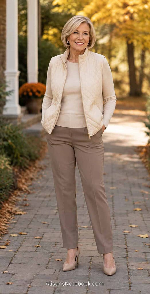 Woman in a quilted vest over a fine-knit top with slim trousers on an outdoor path.