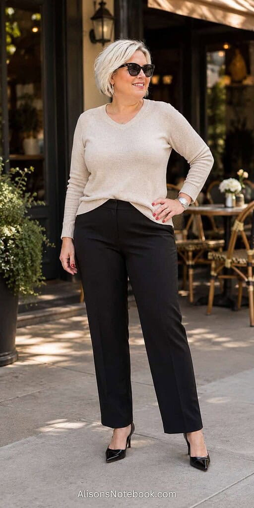 Woman in a sleek fine-gauge sweater and slim trousers in front of a blurred café.