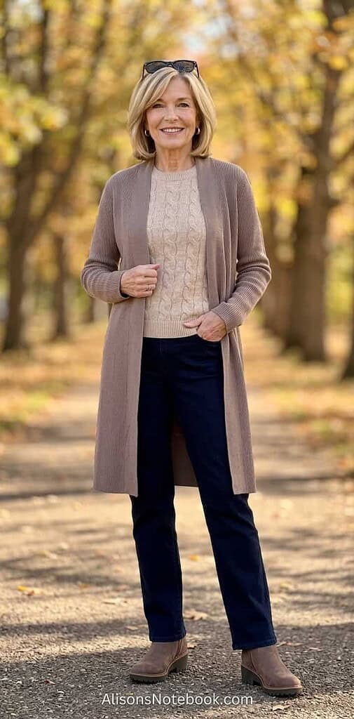 Woman with a blonde bob wearing a beige knit top, taupe longline cardigan, and dark straight jeans with brown suede ankle boots on an autumn path.