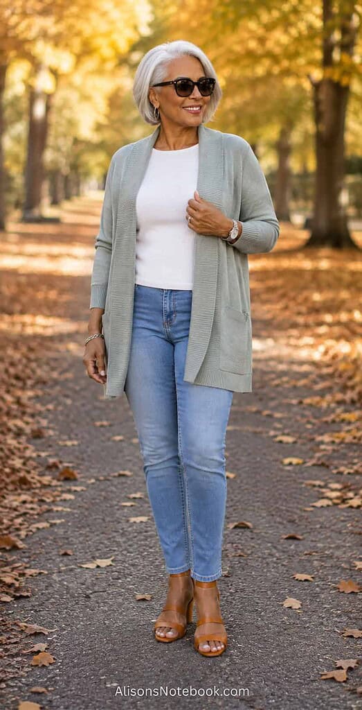 Woman in a fitted knit top under an open cardigan with slim jeans on a park path.