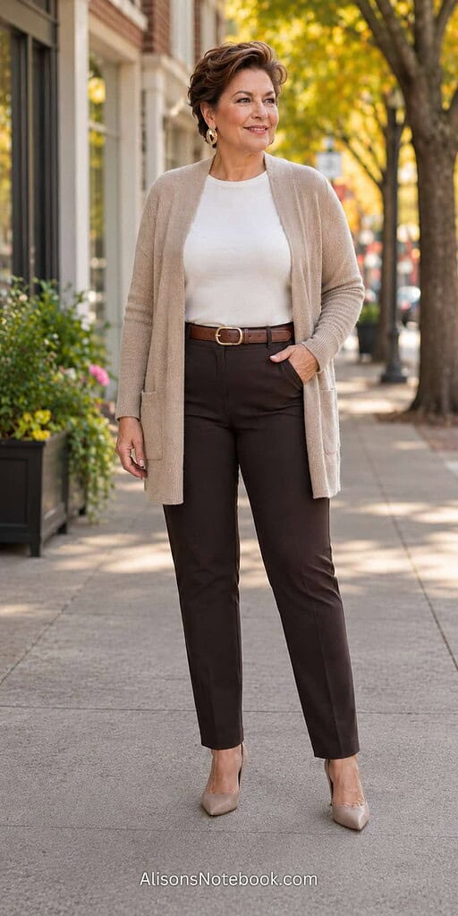 Woman with a half-tucked knit top and open cardigan showing a defined waist on a sidewalk.
