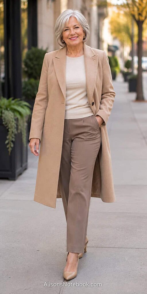 Woman in a structured tailored coat worn open over slim fall layers on a city sidewalk.